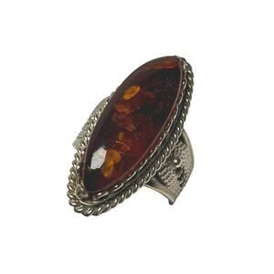 Vintage Baltic Amber Silver Tone Marquise Cocktail Ring Statement Size 7